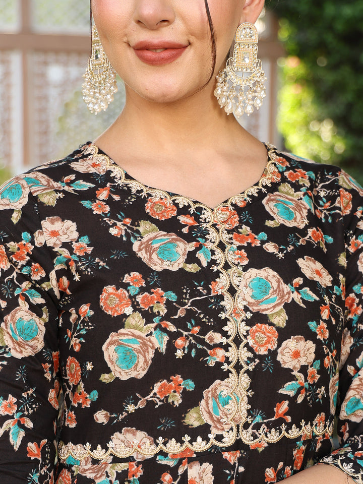 Cotton Calf Length Printed Flared 3/4 Sleeves Round Neck Kurta Suit Set