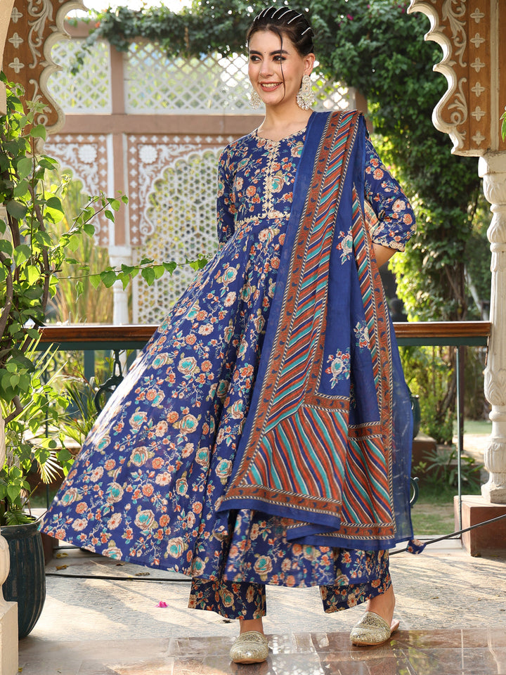 Cotton Calf Length Printed Flared 3/4 Sleeves Round Neck Kurta Suit Set