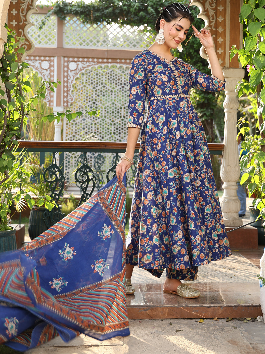 Cotton Calf Length Printed Flared 3/4 Sleeves Round Neck Kurta Suit Set