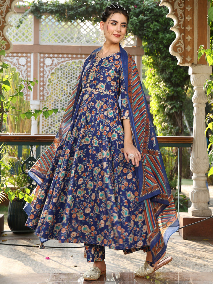 Cotton Calf Length Printed Flared 3/4 Sleeves Round Neck Kurta Suit Set