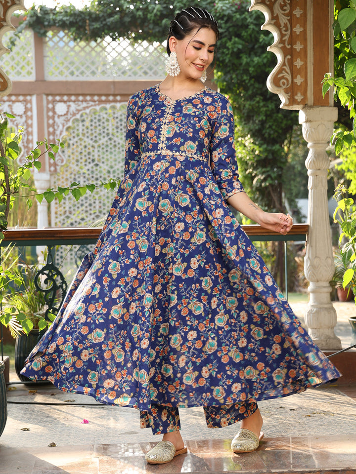 Cotton Calf Length Printed Flared 3/4 Sleeves Round Neck Kurta Suit Set