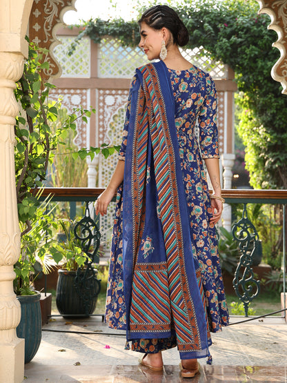Cotton Calf Length Printed Flared 3/4 Sleeves Round Neck Kurta Suit Set