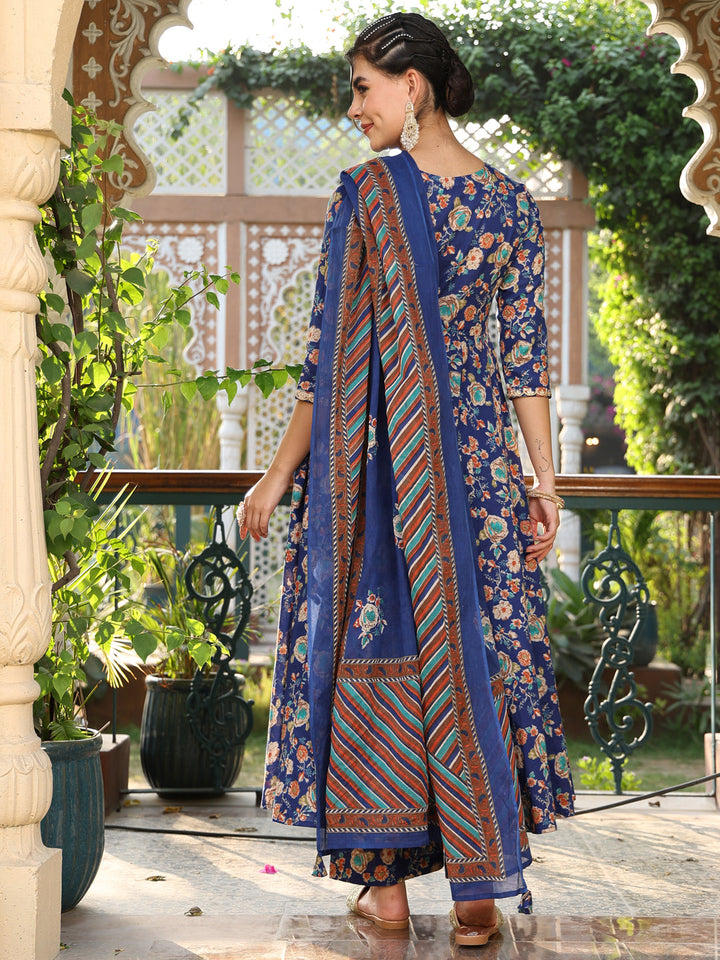 Cotton Calf Length Printed Flared 3/4 Sleeves Round Neck Kurta Suit Set