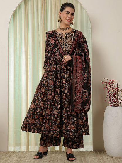 Cotton Calf Length Printed Flared 3/4 Sleeves Round Neck Kurta Suit Set