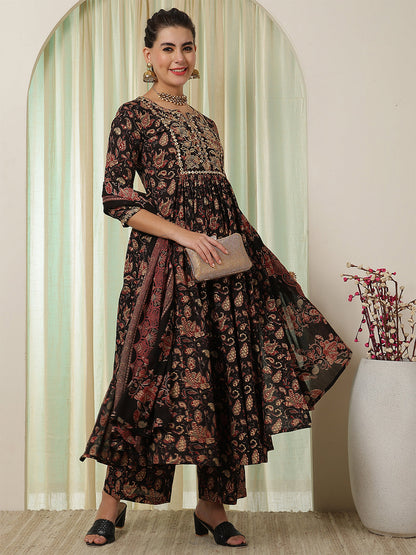 Cotton Calf Length Printed Flared 3/4 Sleeves Round Neck Kurta Suit Set