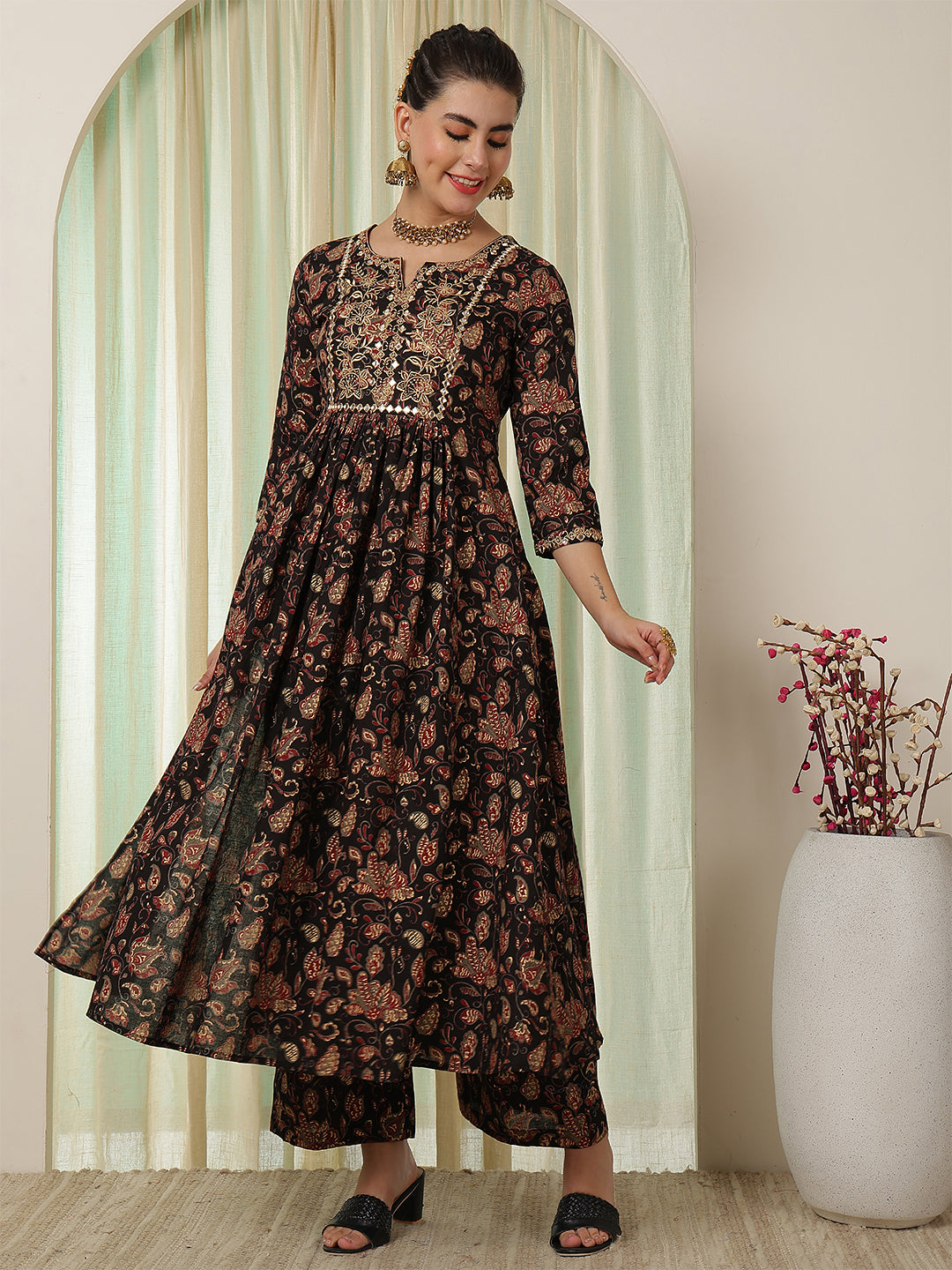 Cotton Calf Length Printed Flared 3/4 Sleeves Round Neck Kurta Suit Set