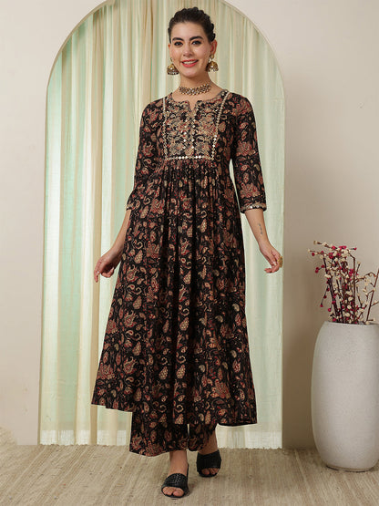 Cotton Calf Length Printed Flared 3/4 Sleeves Round Neck Kurta Suit Set