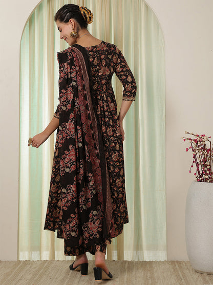 Cotton Calf Length Printed Flared 3/4 Sleeves Round Neck Kurta Suit Set