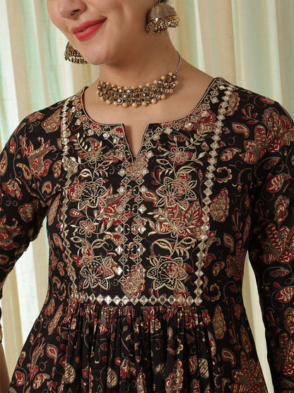 Cotton Calf Length Printed Flared 3/4 Sleeves Round Neck Kurta Suit Set