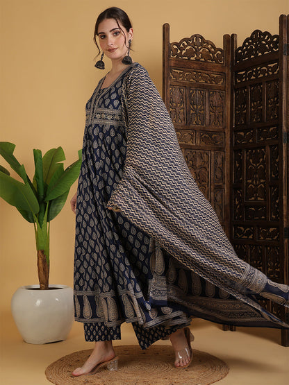 Cotton Calf Length Printed Flared 3/4 Sleeves V-Neck Kurta Suit Set