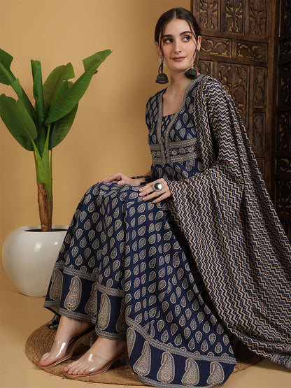 Cotton Calf Length Printed Flared 3/4 Sleeves V-Neck Kurta Suit Set