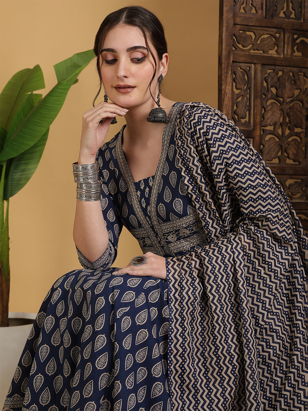 Cotton Calf Length Printed Flared 3/4 Sleeves V-Neck Kurta Suit Set