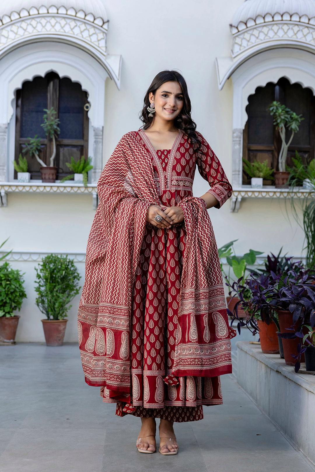 Cotton Calf Length Printed Flared 3/4 Sleeves V-Neck Kurta Suit Set