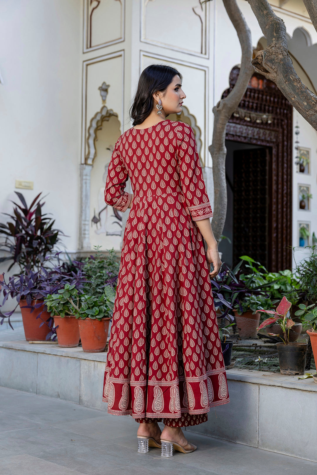 Cotton Calf Length Printed Flared 3/4 Sleeves V-Neck Kurta Suit Set