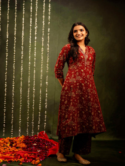 Cotton Calf Length Printed A-Line 3/4 Sleeves V-Neck Kurta Bottom Set