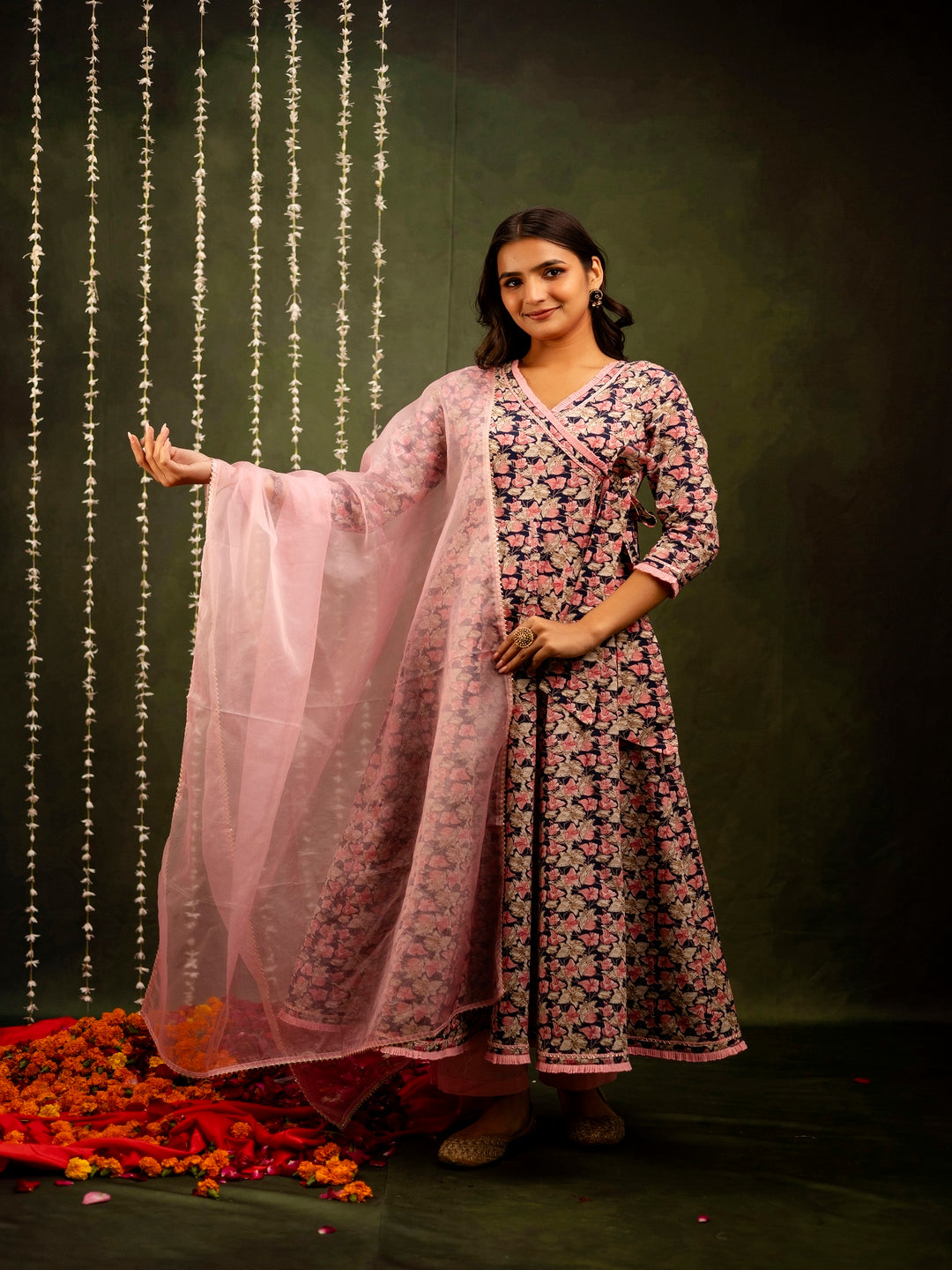 Cotton Calf Length Printed Flared 3/4 Sleeves Angrakha Kurta Bottom Dupatta Set