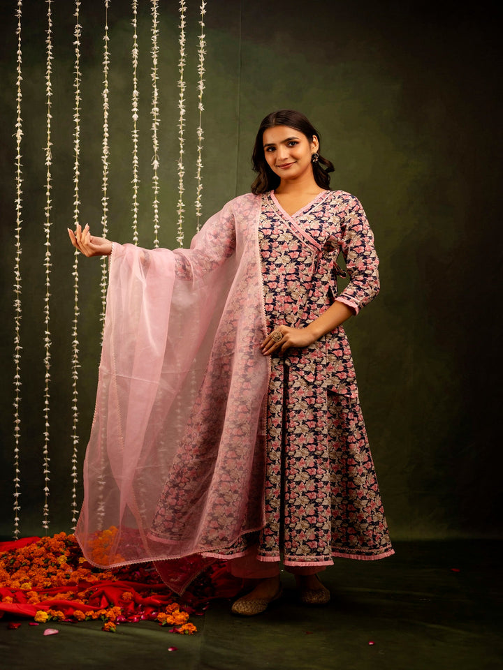 Cotton Calf Length Printed Flared 3/4 Sleeves Angrakha Kurta Bottom Dupatta Set