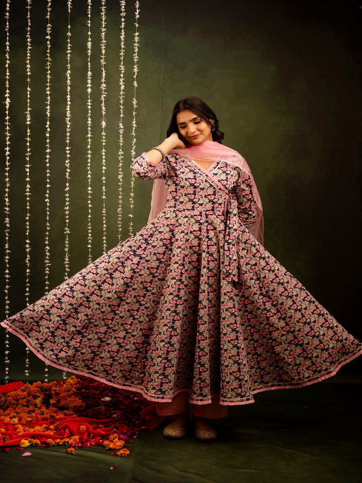 Cotton Calf Length Printed Flared 3/4 Sleeves Angrakha Kurta Bottom Dupatta Set