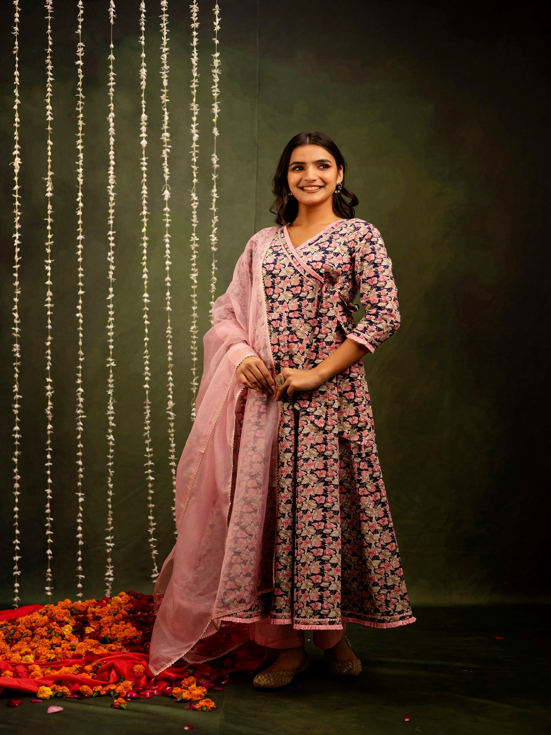 Cotton Calf Length Printed Flared 3/4 Sleeves Angrakha Kurta Bottom Dupatta Set