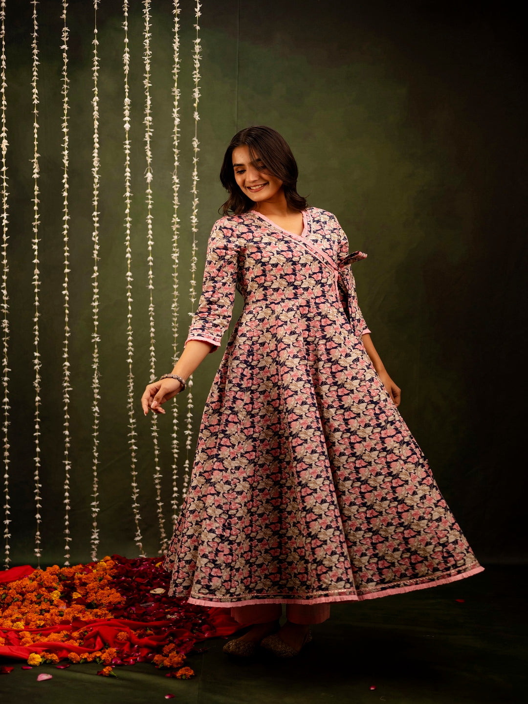 Cotton Calf Length Printed Flared 3/4 Sleeves Angrakha Kurta Bottom Dupatta Set