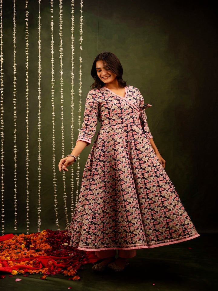 Cotton Calf Length Printed Flared 3/4 Sleeves Angrakha Kurta Bottom Dupatta Set
