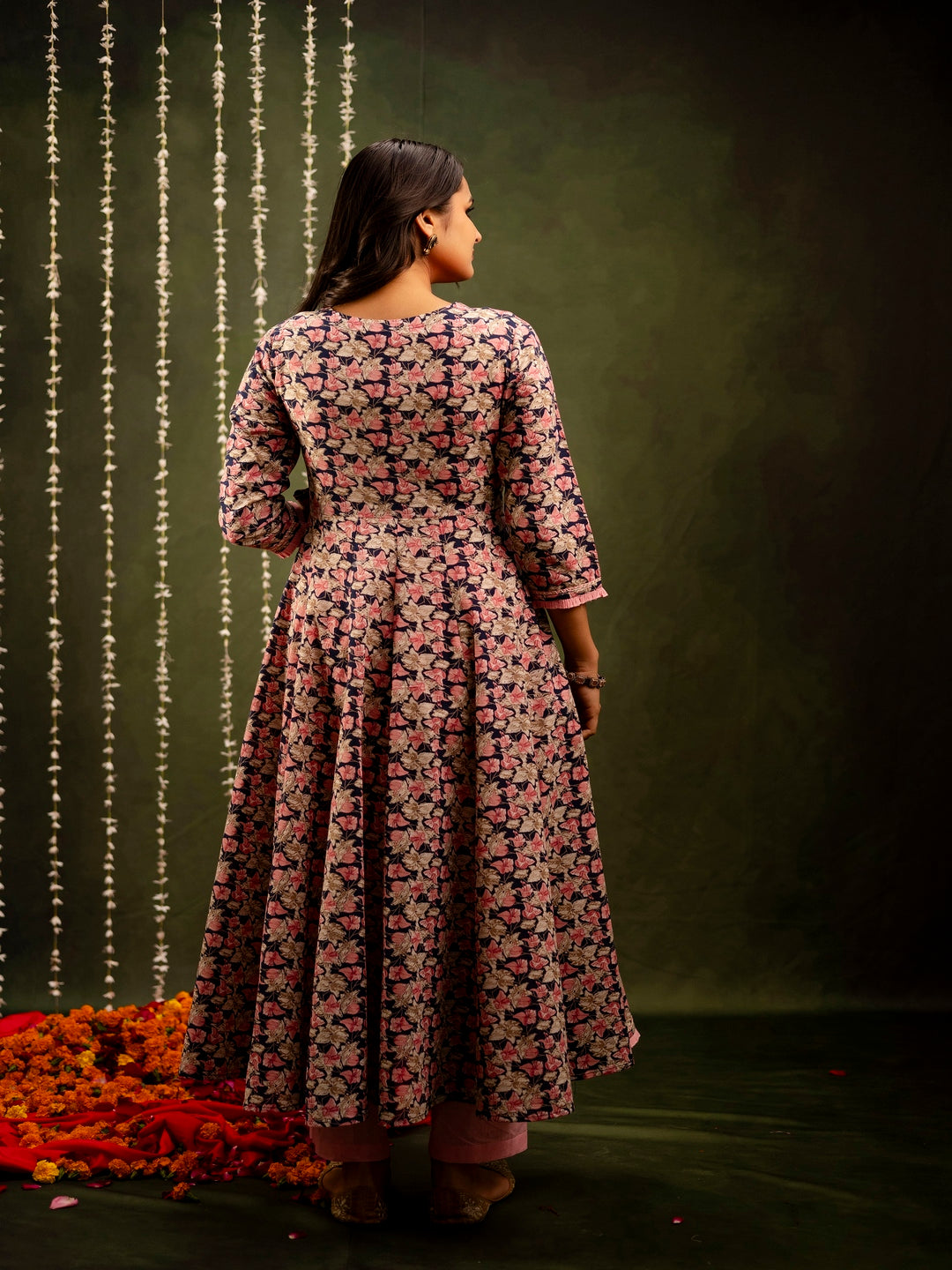Cotton Calf Length Printed Flared 3/4 Sleeves Angrakha Kurta Bottom Dupatta Set