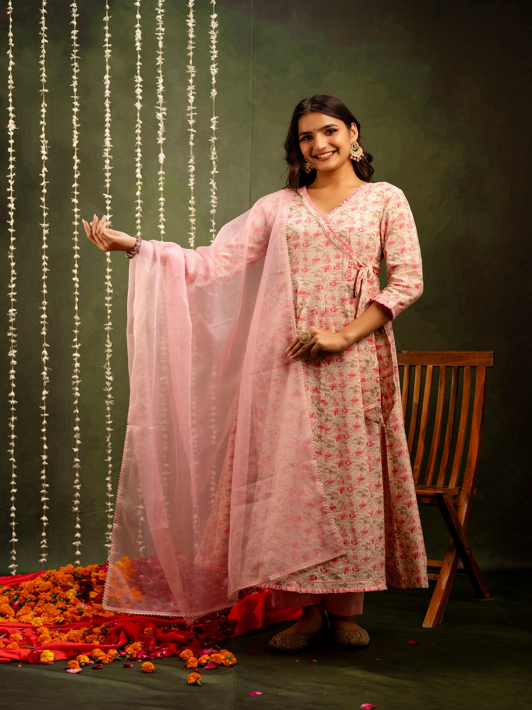 Cotton Calf Length Printed Flared 3/4 Sleeves Angrakha Kurta Bottom Dupatta Set