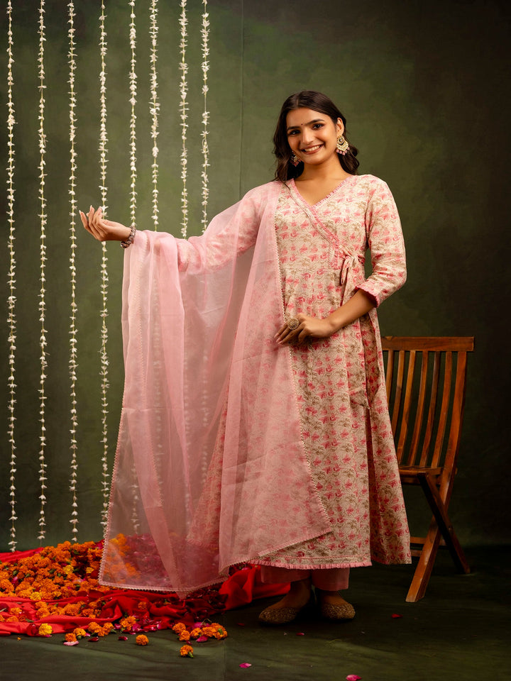 Cotton Calf Length Printed Flared 3/4 Sleeves Angrakha Kurta Bottom Dupatta Set
