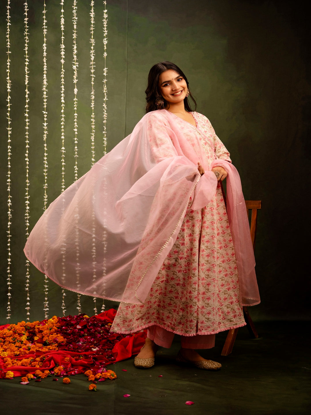 Cotton Calf Length Printed Flared 3/4 Sleeves Angrakha Kurta Bottom Dupatta Set