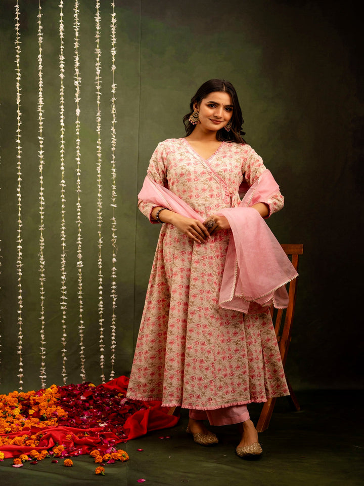 Cotton Calf Length Printed Flared 3/4 Sleeves Angrakha Kurta Bottom Dupatta Set