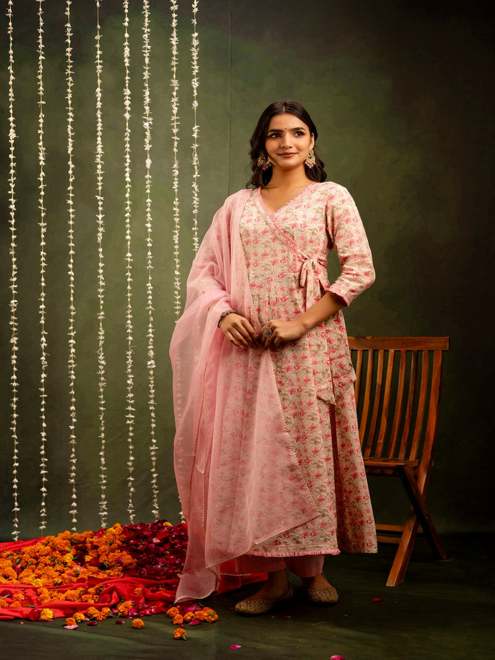 Cotton Calf Length Printed Flared 3/4 Sleeves Angrakha Kurta Bottom Dupatta Set