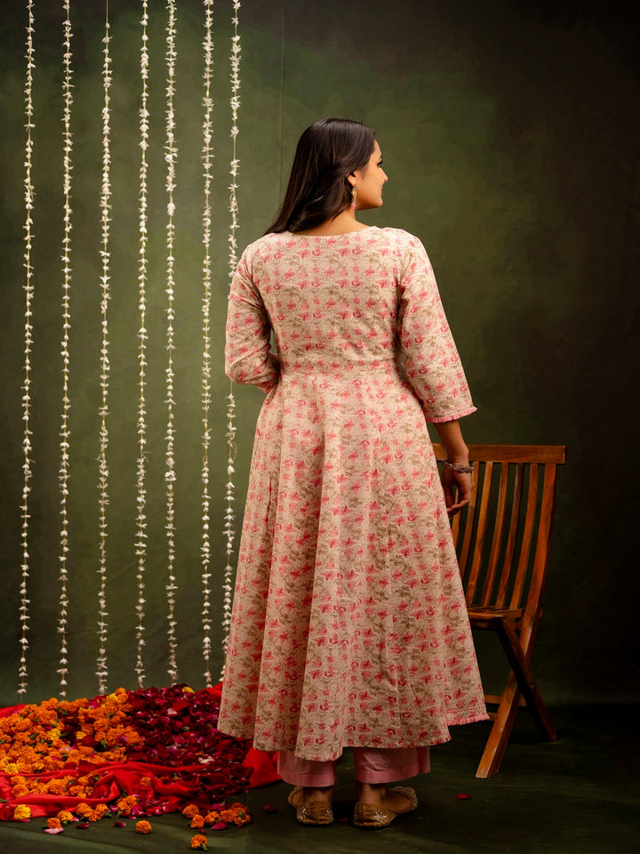 Cotton Calf Length Printed Flared 3/4 Sleeves Angrakha Kurta Bottom Dupatta Set
