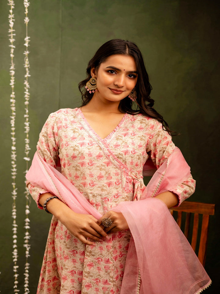Cotton Calf Length Printed Flared 3/4 Sleeves Angrakha Kurta Bottom Dupatta Set