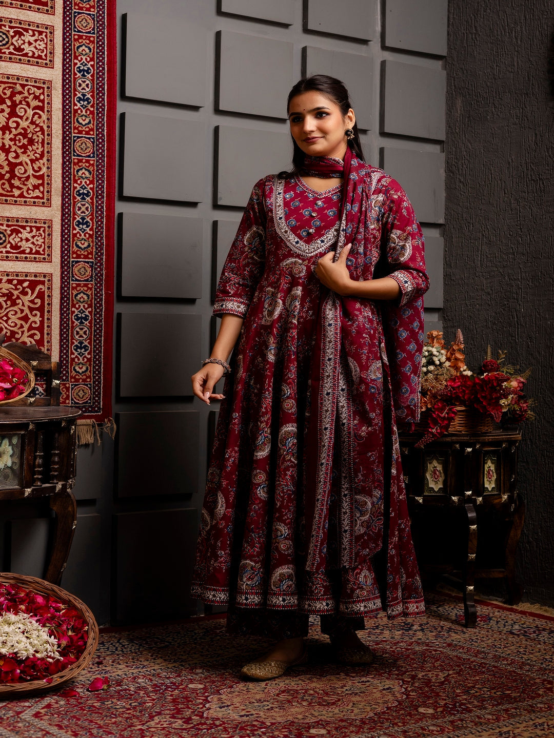 Cotton Calf Length Printed Flared 3/4 Sleeves V-Neck Kurta Bottom Dupatta Set
