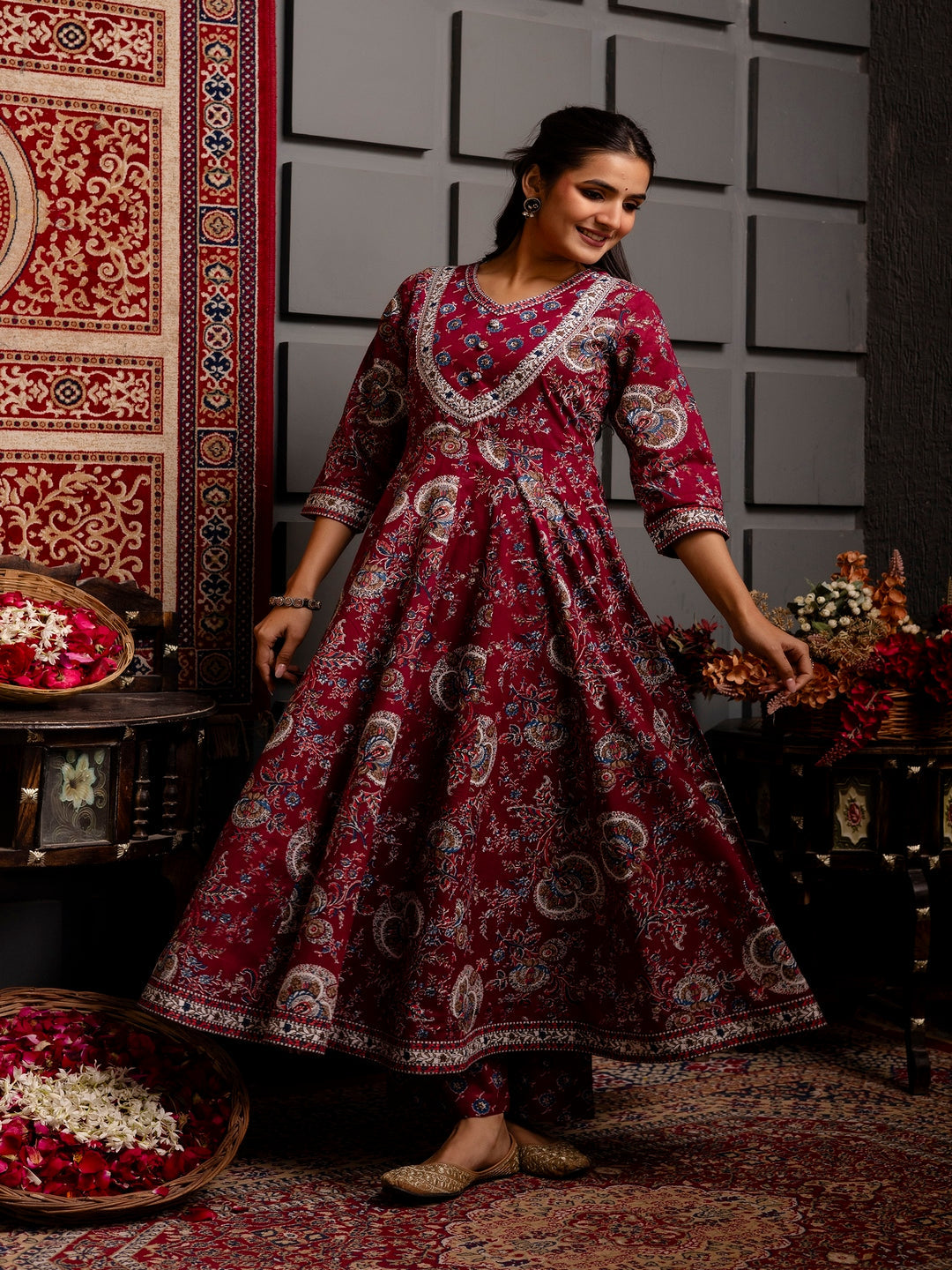 Cotton Calf Length Printed Flared 3/4 Sleeves V-Neck Kurta Bottom Dupatta Set