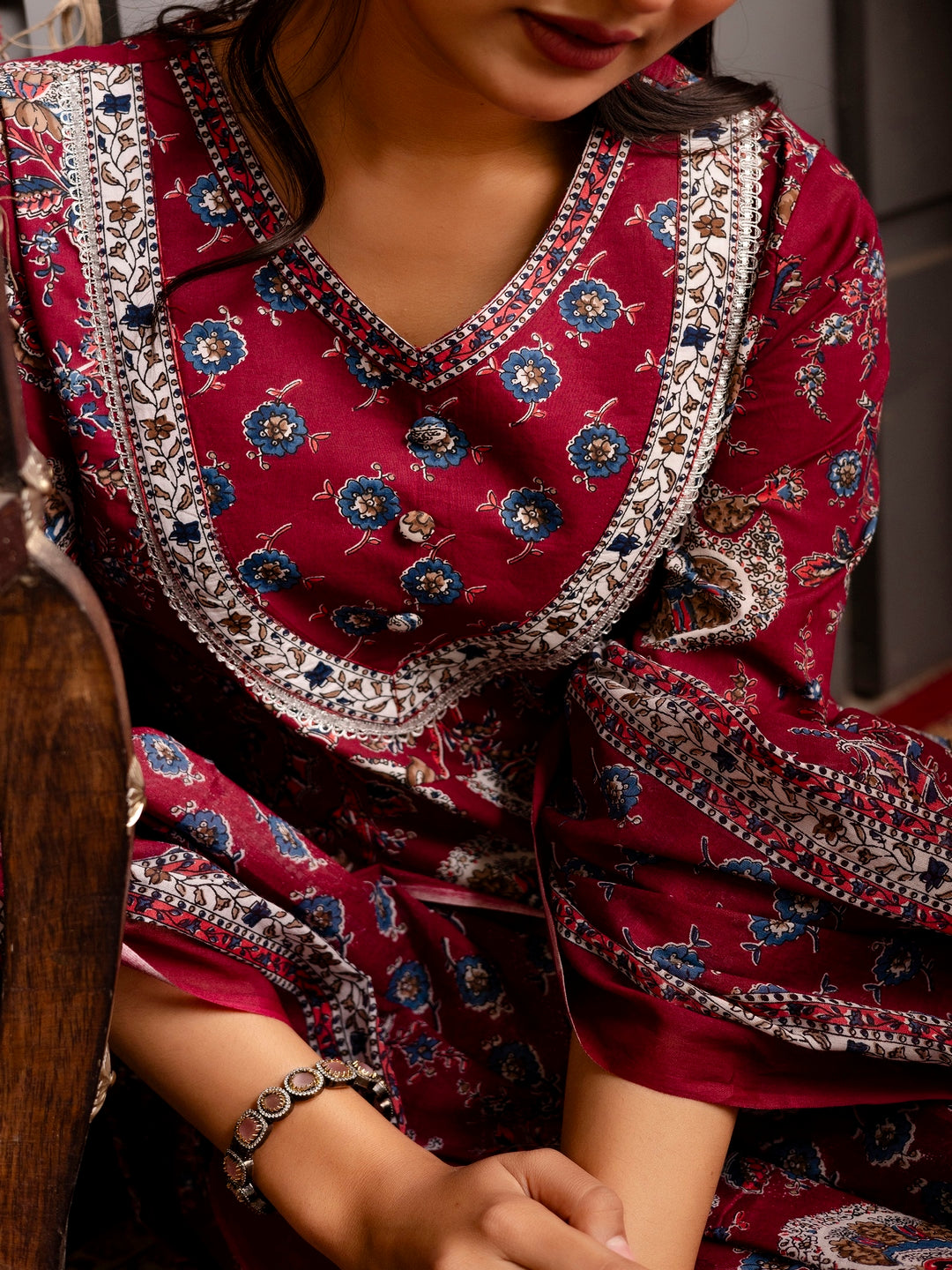 Cotton Calf Length Printed Flared 3/4 Sleeves V-Neck Kurta Bottom Dupatta Set
