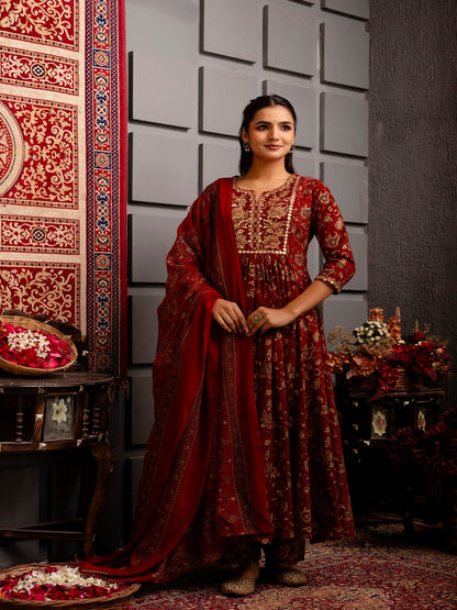 Rayon Calf Length Printed Flared 3/4 Sleeves Round Neck Kurta Bottom Dupatta Set