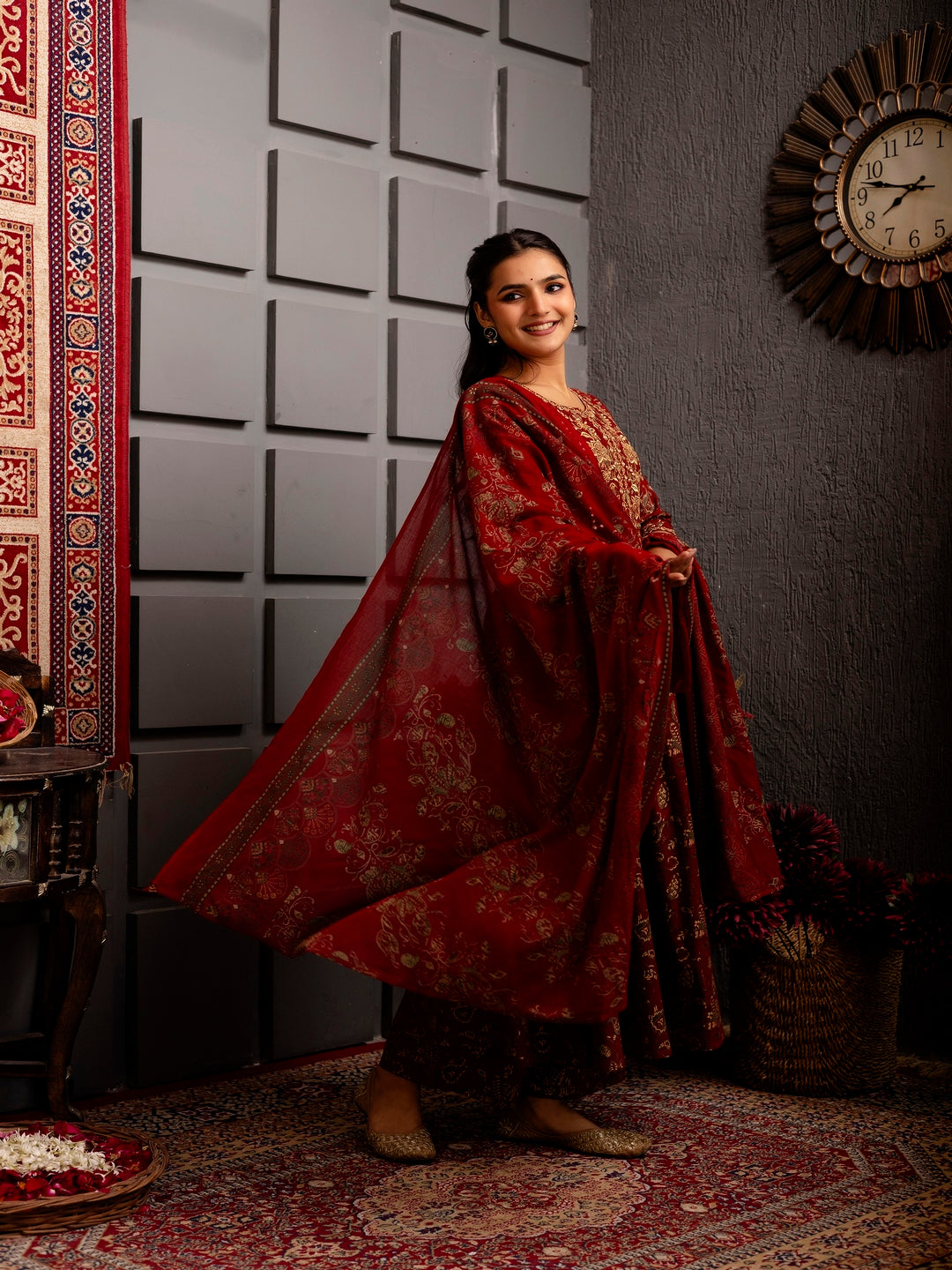 Rayon Calf Length Printed Flared 3/4 Sleeves Round Neck Kurta Bottom Dupatta Set