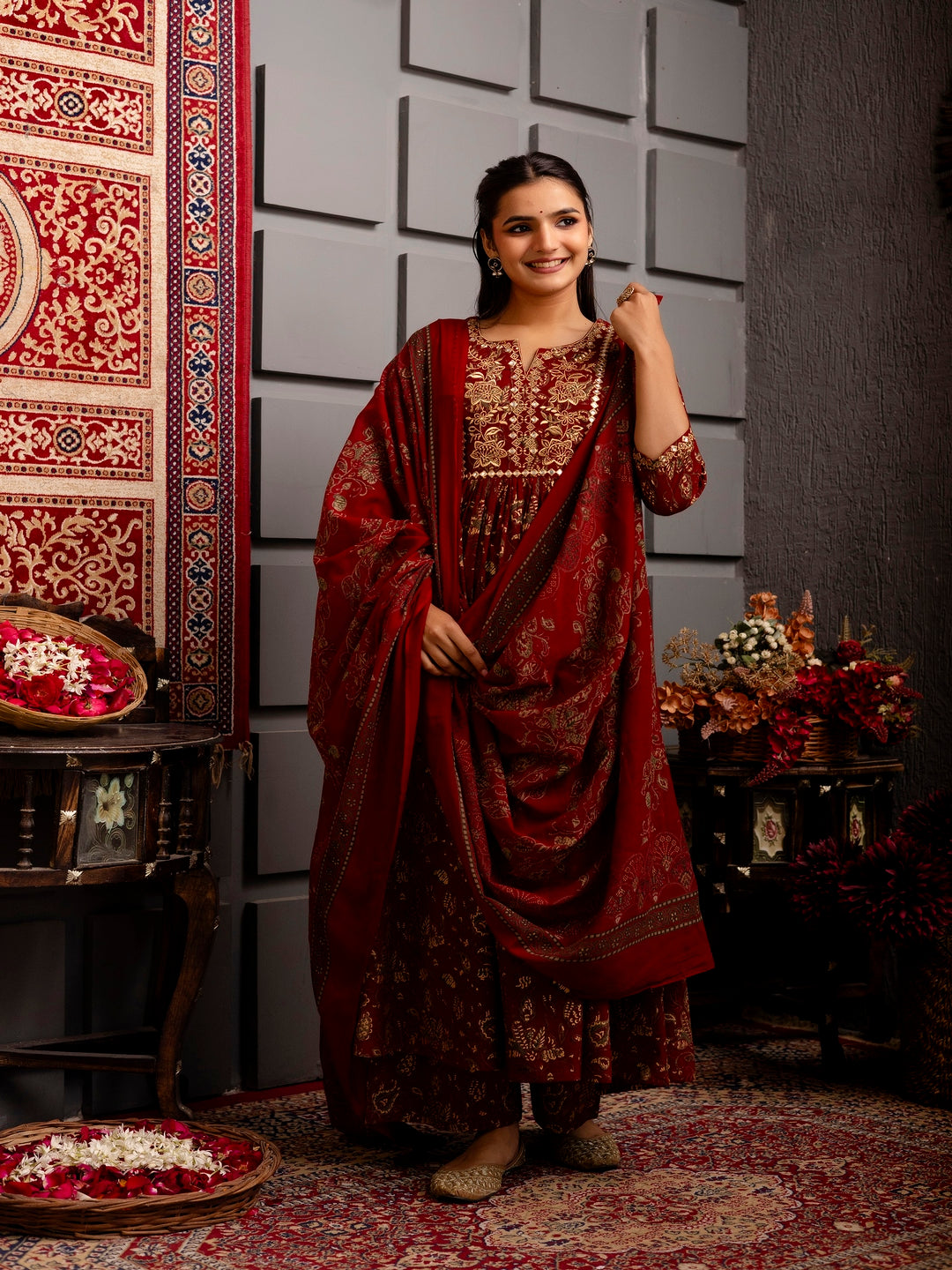 Rayon Calf Length Printed Flared 3/4 Sleeves Round Neck Kurta Bottom Dupatta Set