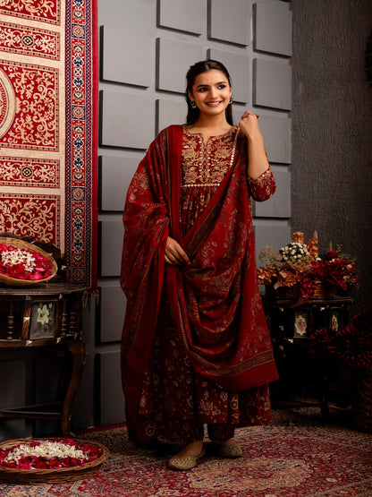 Rayon Calf Length Printed Flared 3/4 Sleeves Round Neck Kurta Bottom Dupatta Set