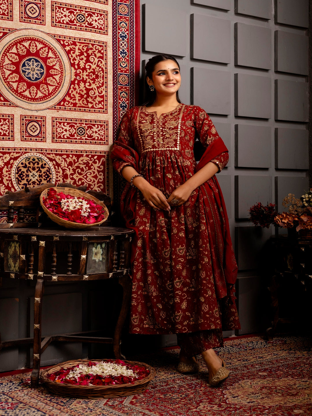 Rayon Calf Length Printed Flared 3/4 Sleeves Round Neck Kurta Bottom Dupatta Set