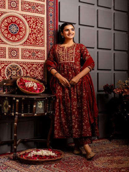 Rayon Calf Length Printed Flared 3/4 Sleeves Round Neck Kurta Bottom Dupatta Set