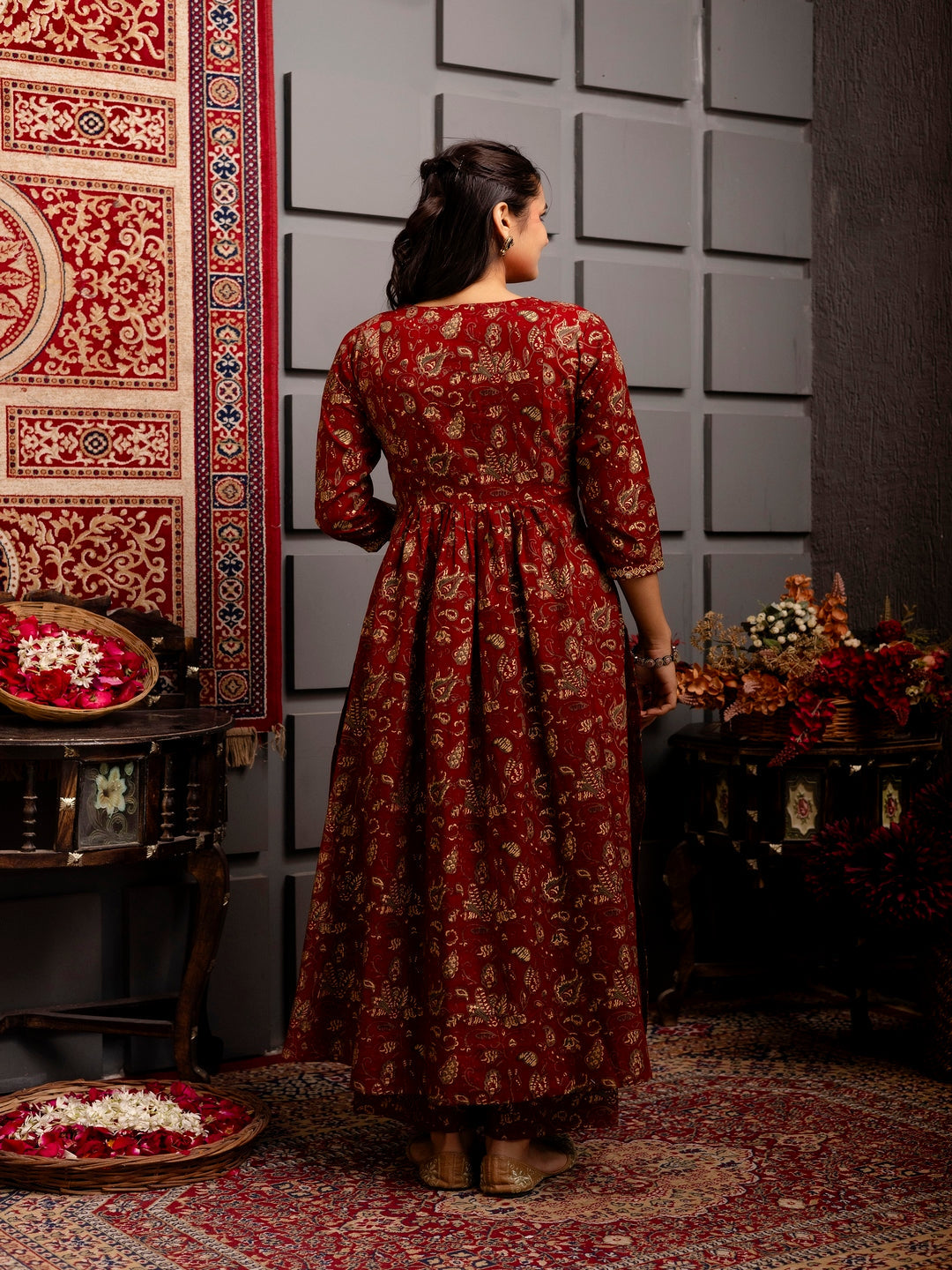 Rayon Calf Length Printed Flared 3/4 Sleeves Round Neck Kurta Bottom Dupatta Set