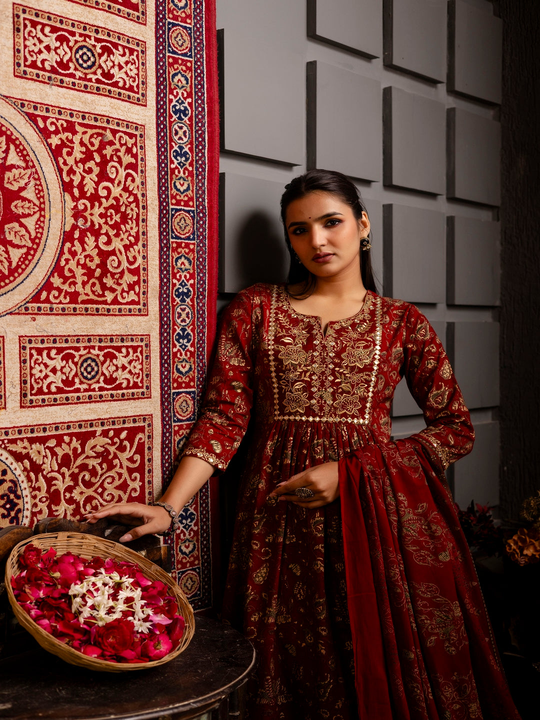 Rayon Calf Length Printed Flared 3/4 Sleeves Round Neck Kurta Bottom Dupatta Set