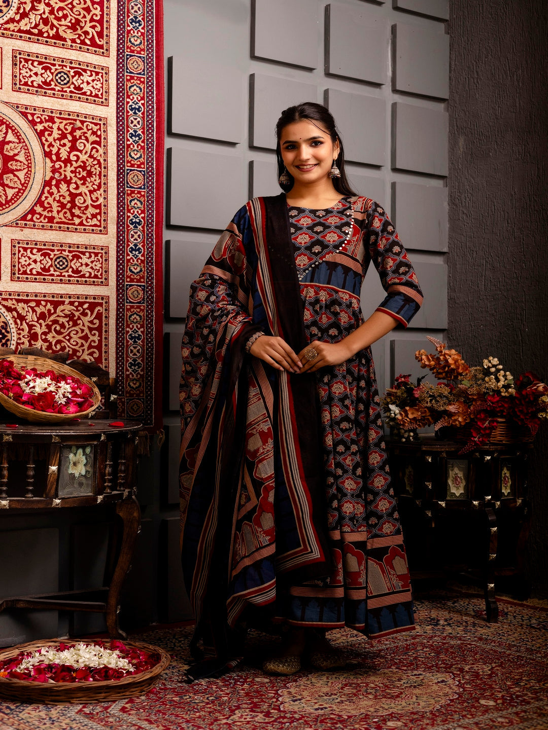 Cotton Calf Length Printed Flared 3/4 Sleeves Round Neck Kurta Bottom Dupatta Set