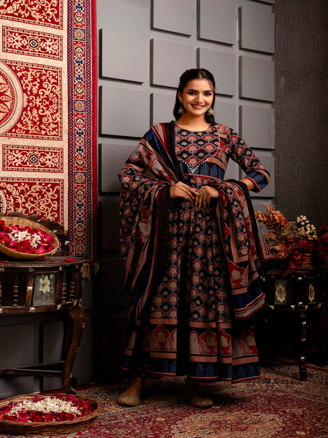 Cotton Calf Length Printed Flared 3/4 Sleeves Round Neck Kurta Bottom Dupatta Set