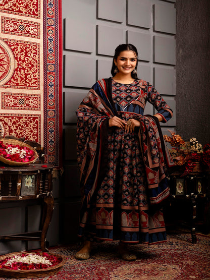 Cotton Calf Length Printed Flared 3/4 Sleeves Round Neck Kurta Bottom Dupatta Set