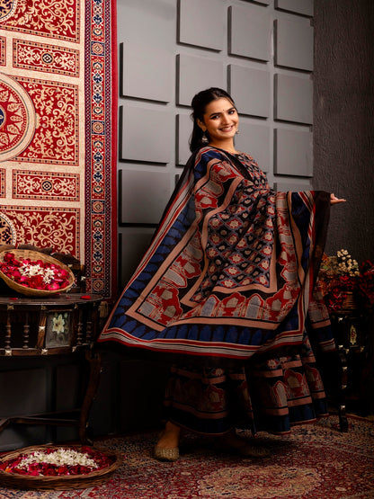 Cotton Calf Length Printed Flared 3/4 Sleeves Round Neck Kurta Bottom Dupatta Set