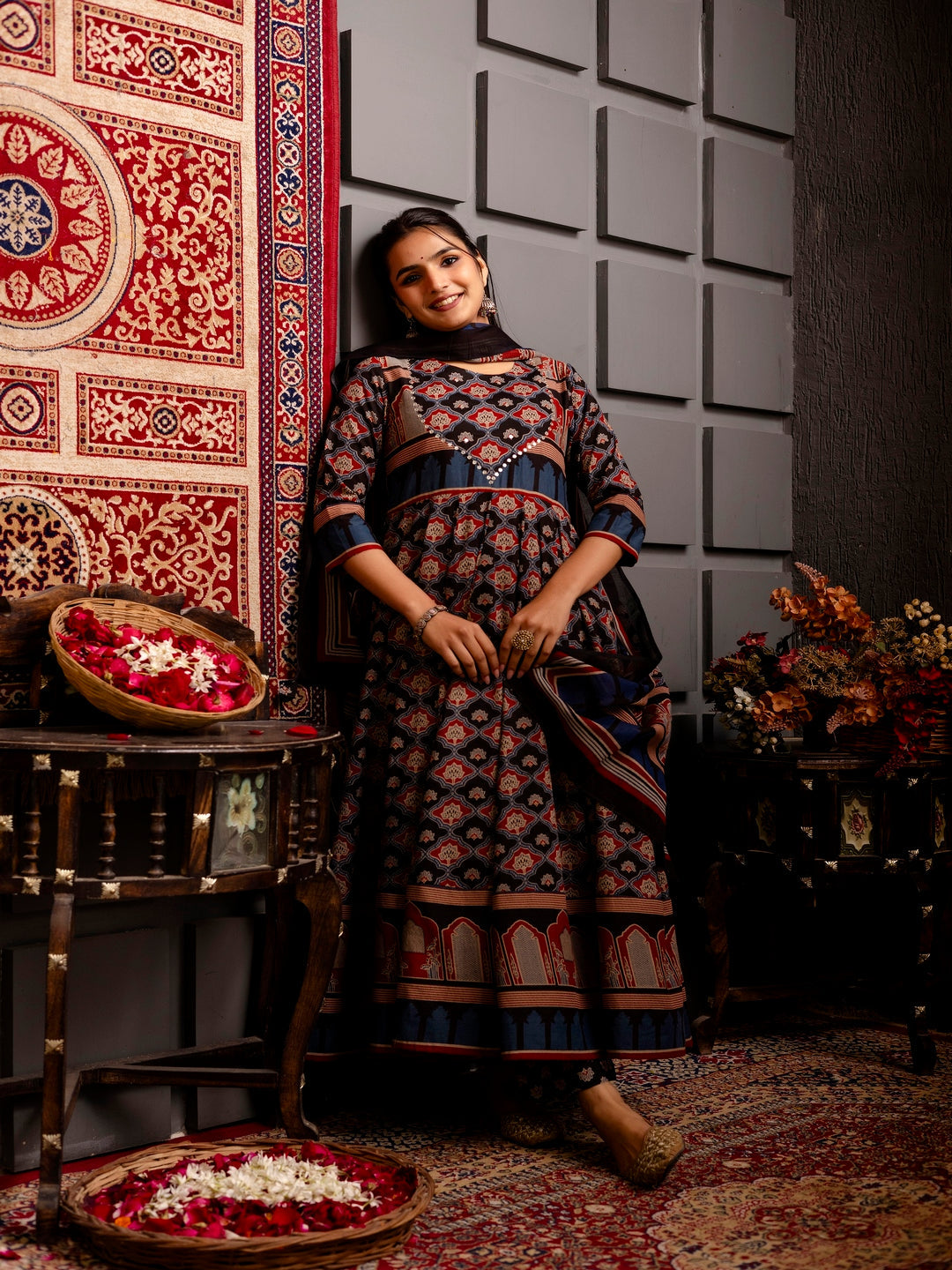 Cotton Calf Length Printed Flared 3/4 Sleeves Round Neck Kurta Bottom Dupatta Set