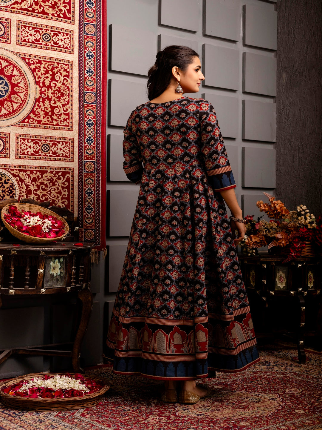 Cotton Calf Length Printed Flared 3/4 Sleeves Round Neck Kurta Bottom Dupatta Set